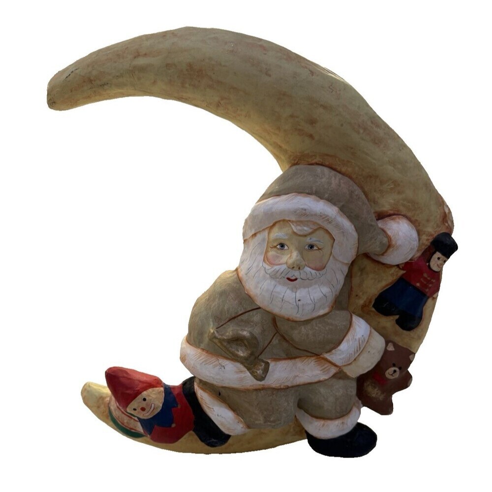 Santa Moon Christmas Decor Paper Mache Christmas Santa Claus Hand Painted 15"